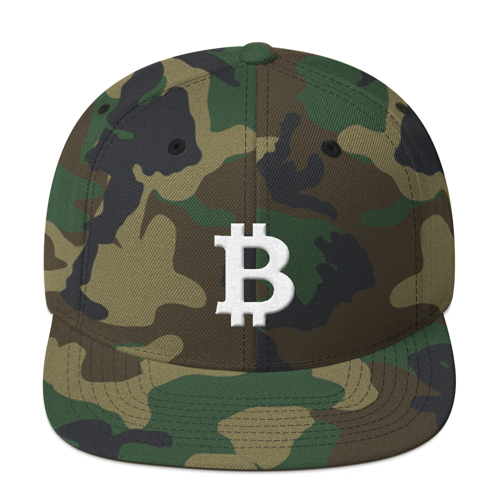 Bitcoin B Snapback Hat White  zeroconfs Green Camo  