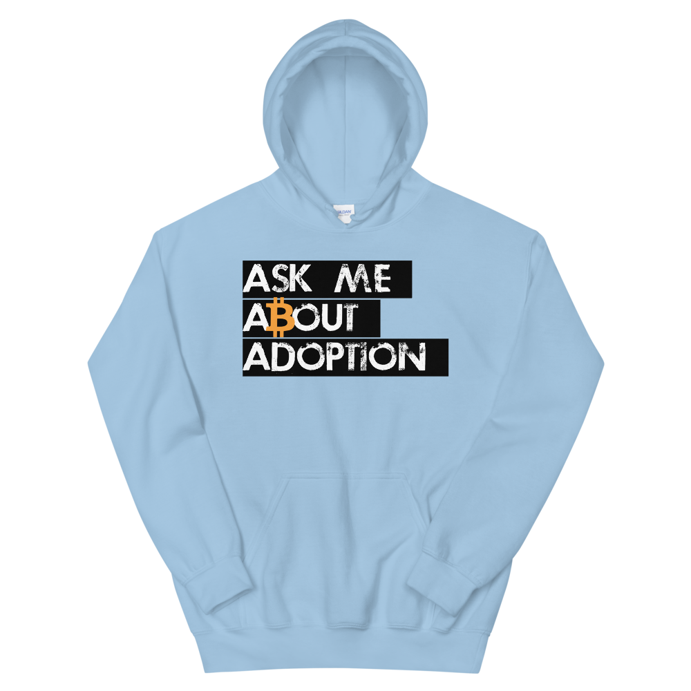 Ask Me About Adoption Bitcoin Hooded Sweatshirt  zeroconfs Light Blue S 