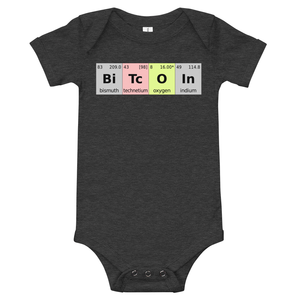 Bitcoin Periodic Table Baby Bodysuit  zeroconfs Dark Grey Heather 3-6m 