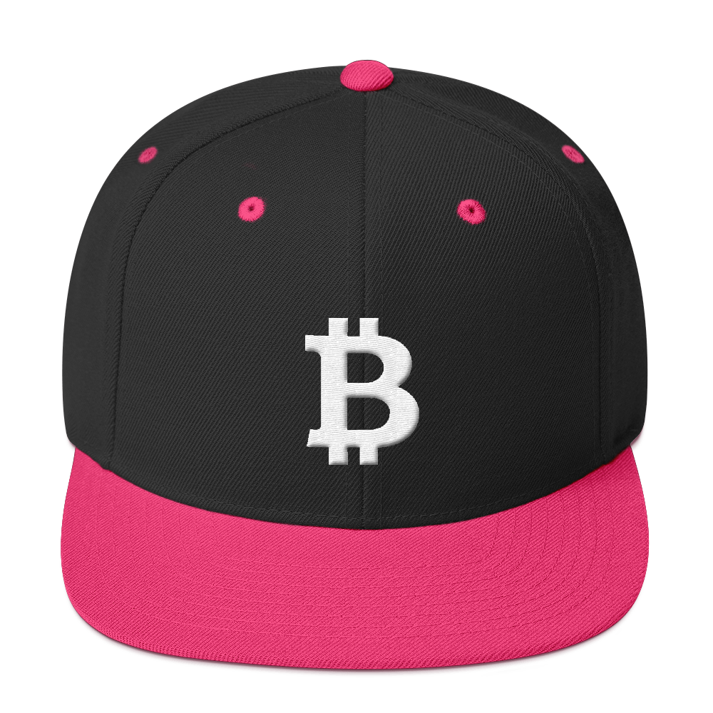 Bitcoin B Snapback Hat White  zeroconfs Black/ Neon Pink  