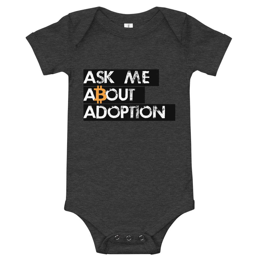 Ask Me About Adoption Bitcoin Baby Bodysuit  zeroconfs Dark Grey Heather 3-6m 